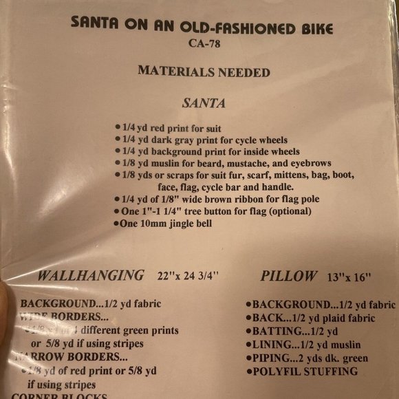 Vintage Pattern Santa on an Old Fashioned Bike Wallhanging and/or Pillow - NEW - Picture 4 of 5